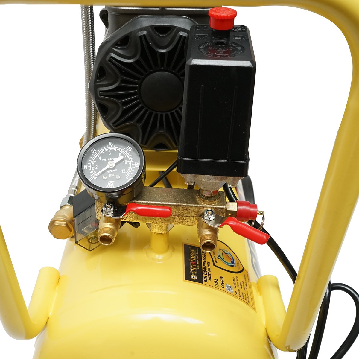 Compresor aer fara ulei silentios, volum 30L, putere 1490W/2CP presiune maxima 8 bar, volum aer aspirat 130 L/min Crownman
